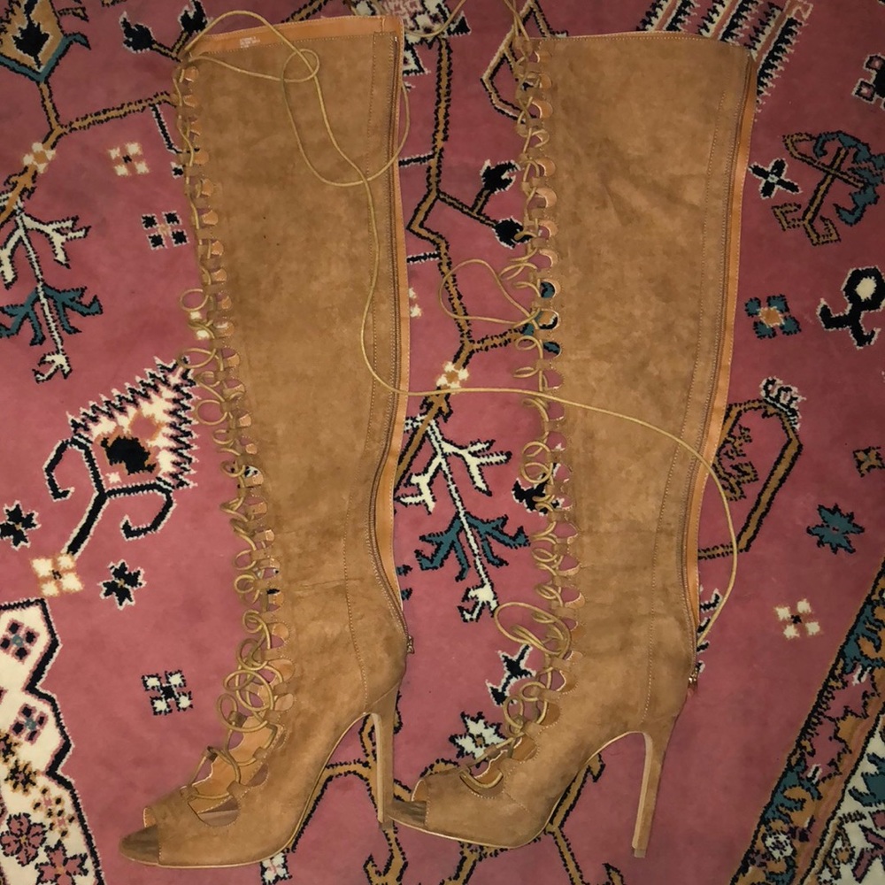 River Island lace up Knee high brown suede boots